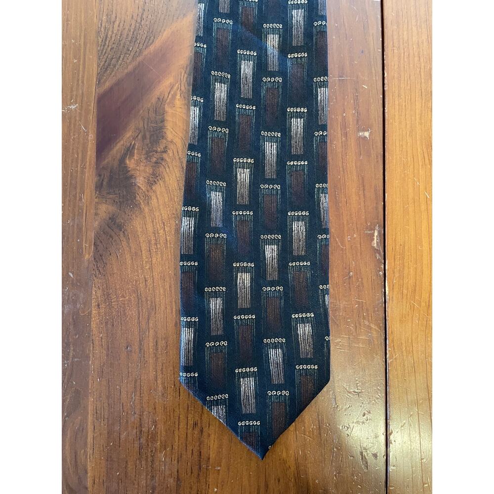 Vintage Mosaic Neck Tie All Pure Silk Hand Made in Korea Blue Brown Pattern